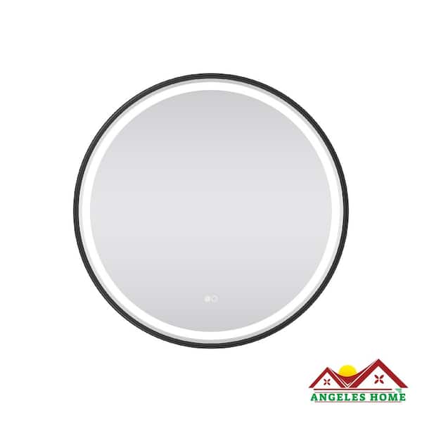 ANGELES HOME 32 in. W x 32 in. H Round Framed Wall Anti-Fog Bathroom Mirror with Lights in Black
