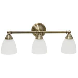 25 in. Antique Brass Classic 3-Light Metal Bar and Frosted Cone Shape Glass Shades Decorative Wall Mounted Vanity Light