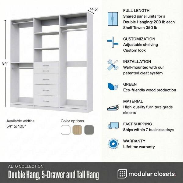 MODULAR CLOSETS Alto Collection 66 in W White Wall Mounted Double