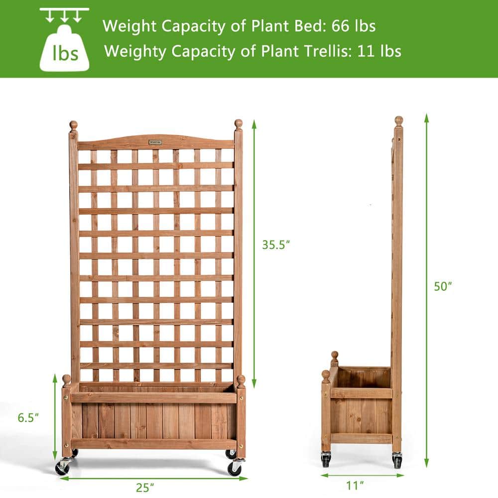 50'' Natural Fir Wood Planter Box with Trellis and Wheels