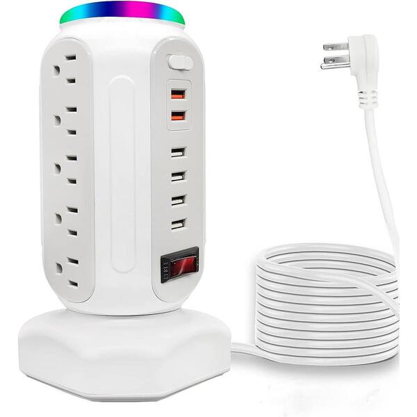 Etokfoks 10 ft. Extension Cord Power Strip Tower with 12 AC Outlet and 4  USB Ports with Overload Protection - White MLPH005LT291 - The Home Depot