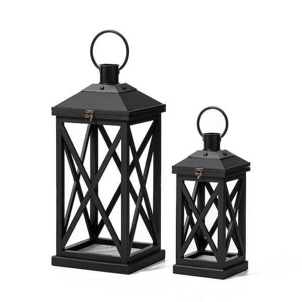 Glitzhome Black Farmhouse Wood/Metal Lanterns (Set of 2)