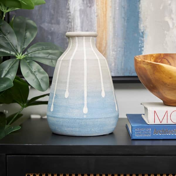 Litton Lane 10 in. Blue Abstract Ombre Drip Ceramic Decorative Vase with Gray and White Accents