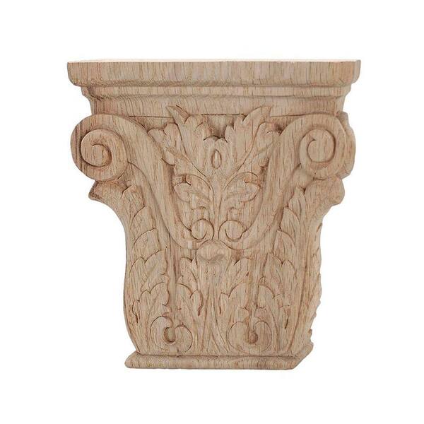 American Pro Decor 4 in. x 3-7/8 in. x 1 in. Unfinished Hand Carved North American Solid Red Oak Acanthus Wood Onlay Capital Wood Applique