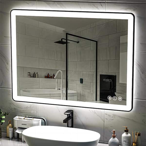 48 in. W x 36 in. H Rectangular Framed LED Anti-Fog Wall Mount Bathroom Mirror in Black with Backlit and Front Light