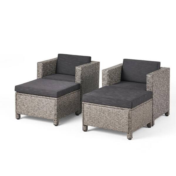 Noble House Puerta Mixed Black 4-Piece Faux Rattan Patio Conversation Set with Dark Grey Cushions
