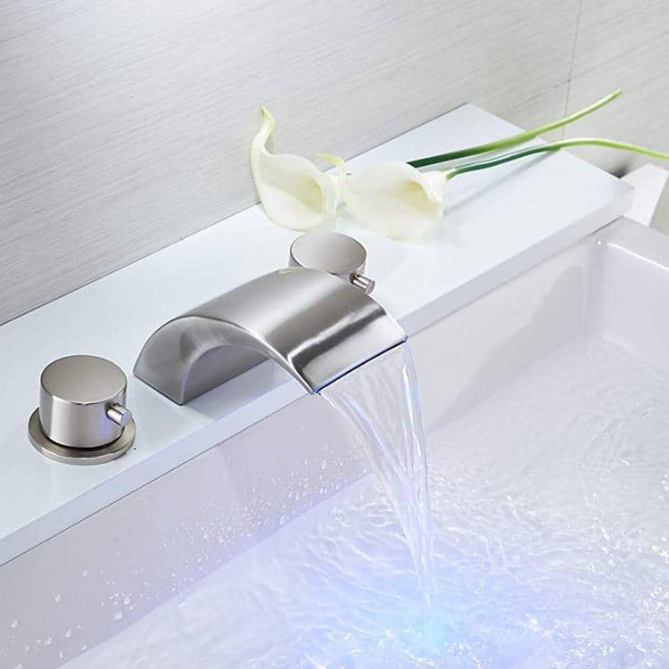 Brushed Nickel 8-Inch Widespread Waterfall Bathroom Faucet with LED Light