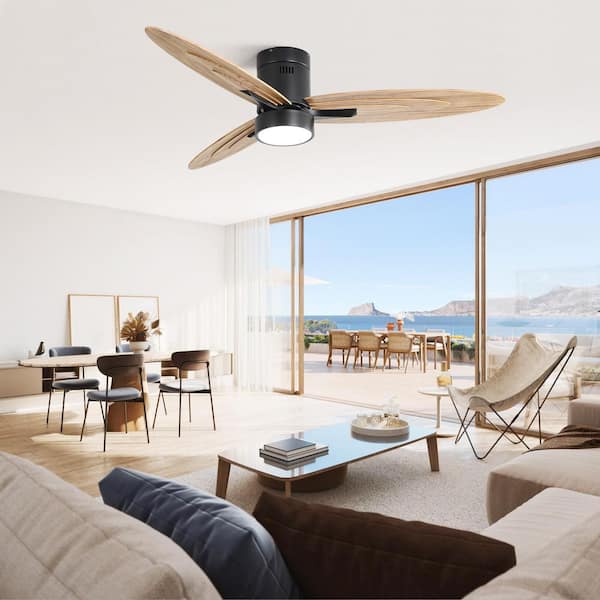 56 in. Modern Indoor Black Solid Wood Brown Blades 6-Speed Flush Mount Ceiling Fan with 3-Color Dimmable LED Light