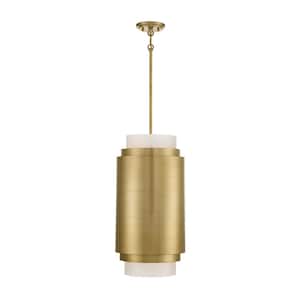 Beacon 12 in. W x 24 in. H 3-Light Burnished Brass Shaded Pendant Light with White Frosted Glass Accents