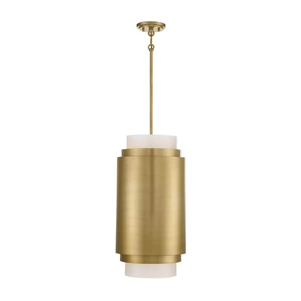 Savoy House Beacon 12 in. W x 24 in. H 3-Light Burnished Brass Shaded Pendant Light with White Frosted Glass Accents