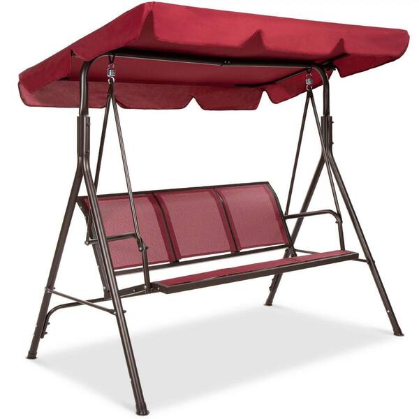 Unbranded 67.5 in. Burgundy 3-Seat Outdoor Adjustable Canopy Swing Glider Metal Patio Bench with Textilene Bench