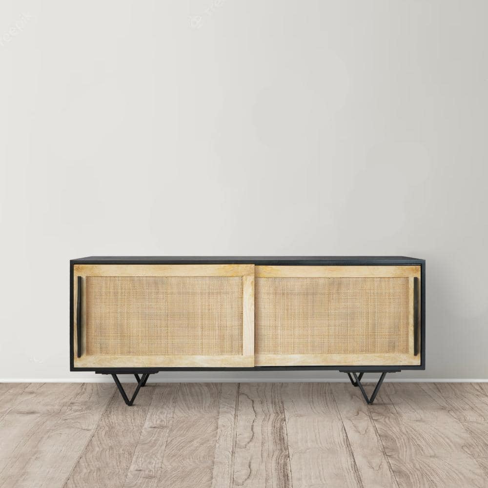 60" Black and Natural Wood TV Media Console with Cane Doors
