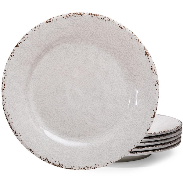 6-Piece Classic Vintage White Melamine Dinner Plateset 11 in. Lightweight Round Kitchen Plates Set for Salad Unbreakable