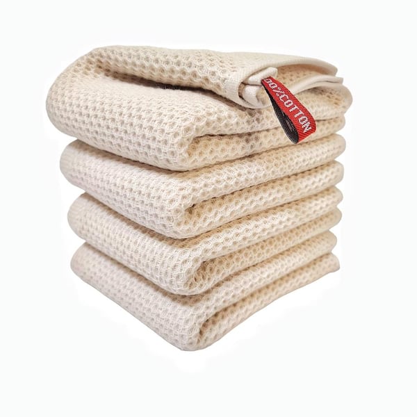 Offwhite Waffle Weave 100% Cotton Kitchen Towels, Soft Absorbent Dish Cloths, Set of 4, 13 in. x 28 in.
