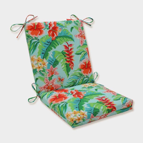 Pillow Perfect Tropic Floral 18 in. W x 3 in. H Deep Seat, 1 Piece Chair Cushion and Square Corners in Blue/Green Tropical Paradise