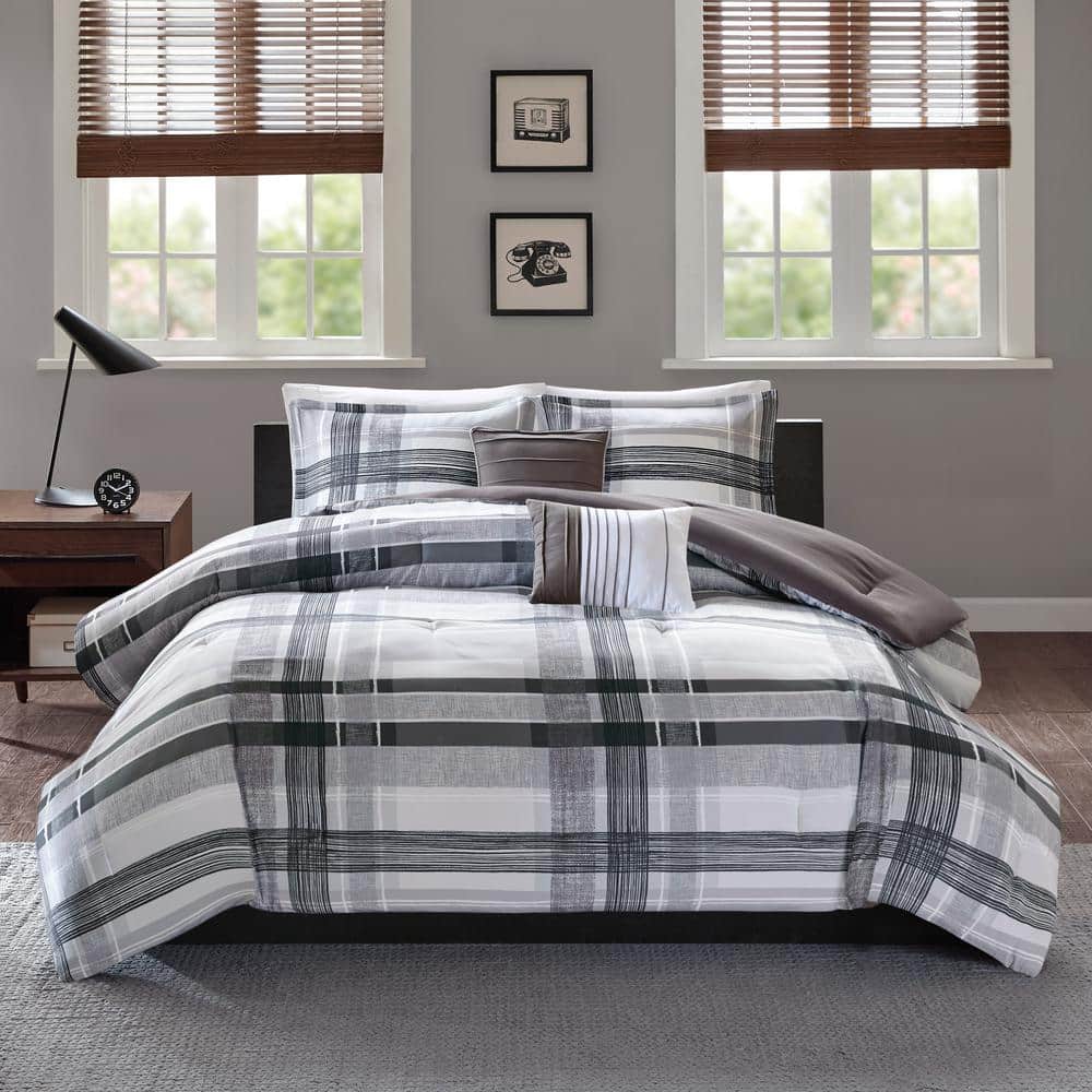 Full Gray Microfiber Reversible Plaid Comforter Set