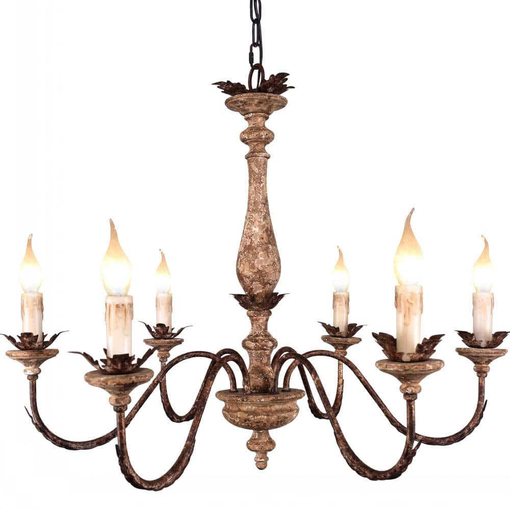 Distressed Weathered Wood 6-Light Farmhouse Candle Chandelier