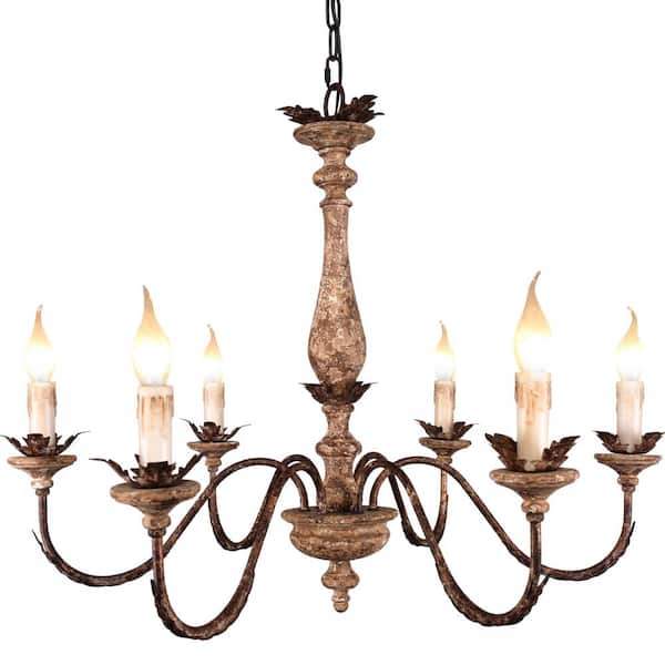 Oaks Aura Fenilette Mid Century French Wood Chandelier 6 Light