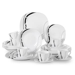 Fiona 30-Piece Opal Glassware White Dinnerware Set with Black Lines (Service for 6)