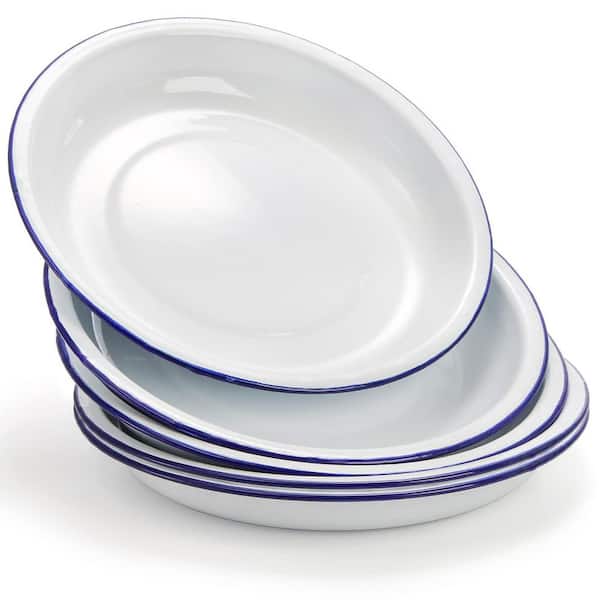 White Alloy Steel Enamel Plates with Blue Rim Set of 5, 9.5 in. Unbreakable Enamelware Dinner Serving Platter Trays