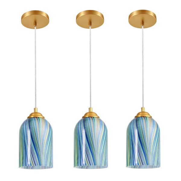 Deyidn 60-Watt 3-Light Blue Ripple Art Pendant Design Mini Pendant Light with Handcrafted Blown Glass Shade, Height Adjustable