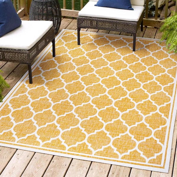 JONATHAN Y Trebol Moroccan Trellis Textured Weave Yellow/Cream 8 ft. x 10 ft. Indoor/Outdoor Area Rug