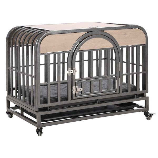 Amucolo 32 in. Gray Heavy-Duty Dog Cage Dog Crate, Furniture Style Dog Crate with Removable Trays and Wheels
