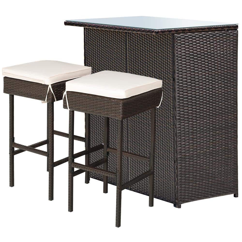 Gardens or Poolside Backyards BPTD Outdoor Bar Set Patio Furniture 3 Pieces Wicker Bar Table Set Glass Bar and Two Stools with Cushions for Patios Porches Expresso/Turquoise 