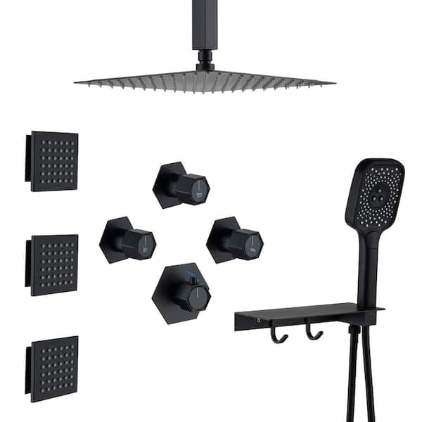 7-Spray 12 in. Wall Mount Dual Shower Heads and Handheld Shower Head with 2.5 GPM 3-Jet in Matte Black