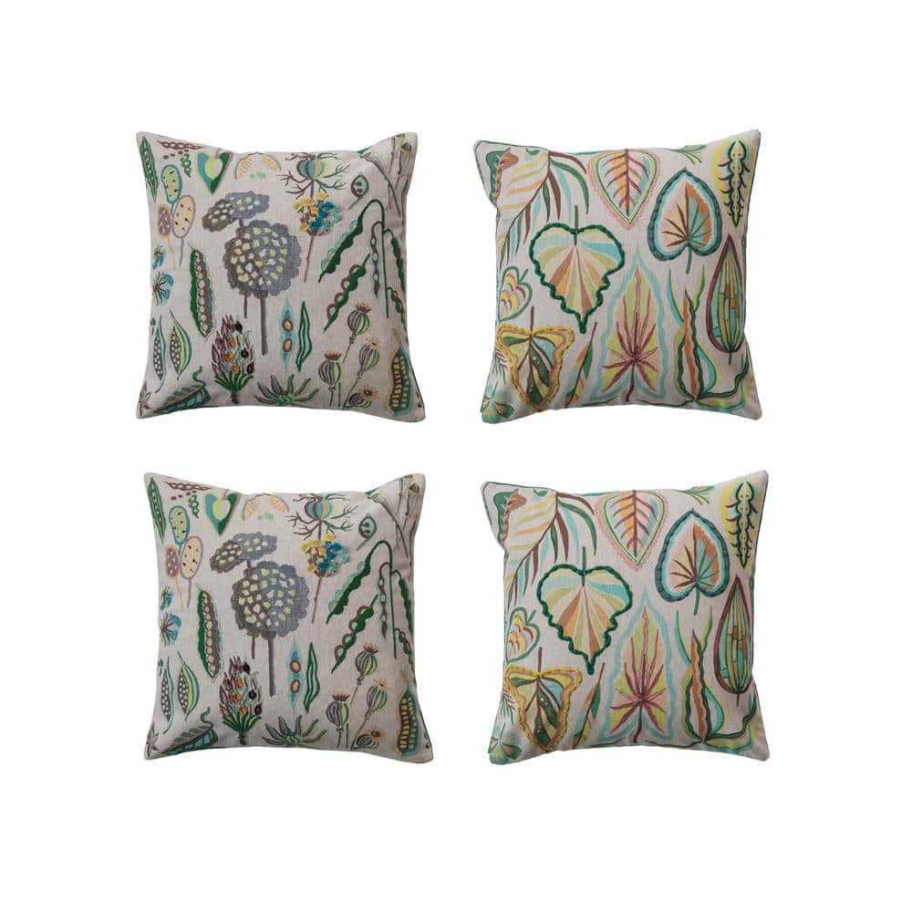 Botanical Embroidered Cotton Square Throw Pillow Set