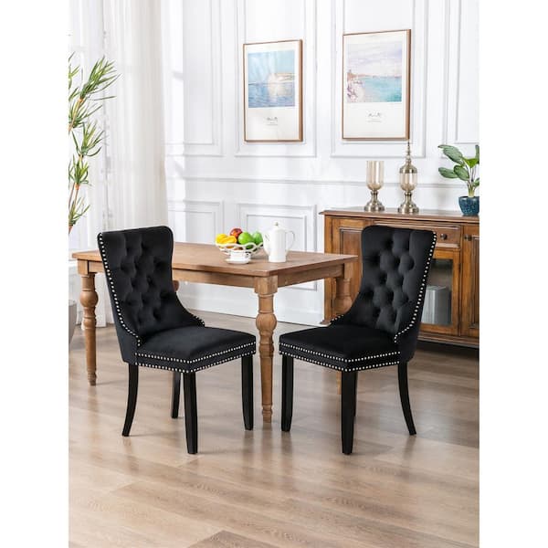 Unbranded High-end Black Tufted Contemporary velvet Nailhead Trim  Upholstered Dining Chair with Wood Legs (Set of 2) XBBlackDC