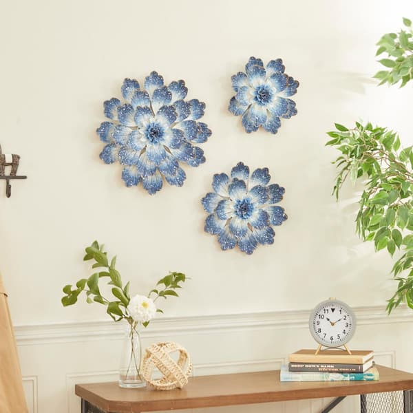 LITTON LANE 18 in. x 15 in. Blue Metal Coastal Style Wall Decor (Set of 3)