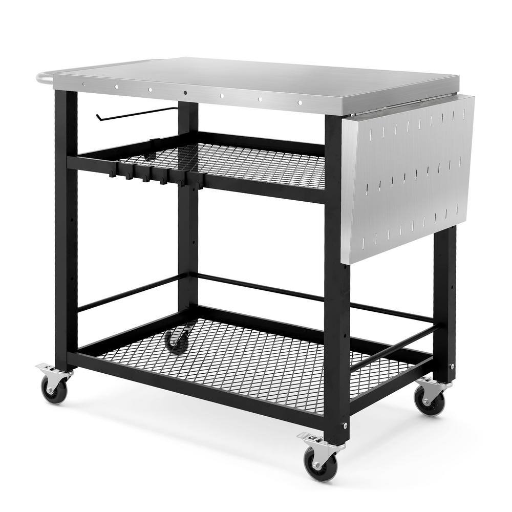 Black 3-Tier Stainless Steel Outdoor Grill Cart with Wheels