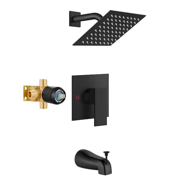 1-Handle Shower Faucet Set with Tub Spout Bathtub Faucet Kit with Valve square 6 in. Shower Head Matte Black