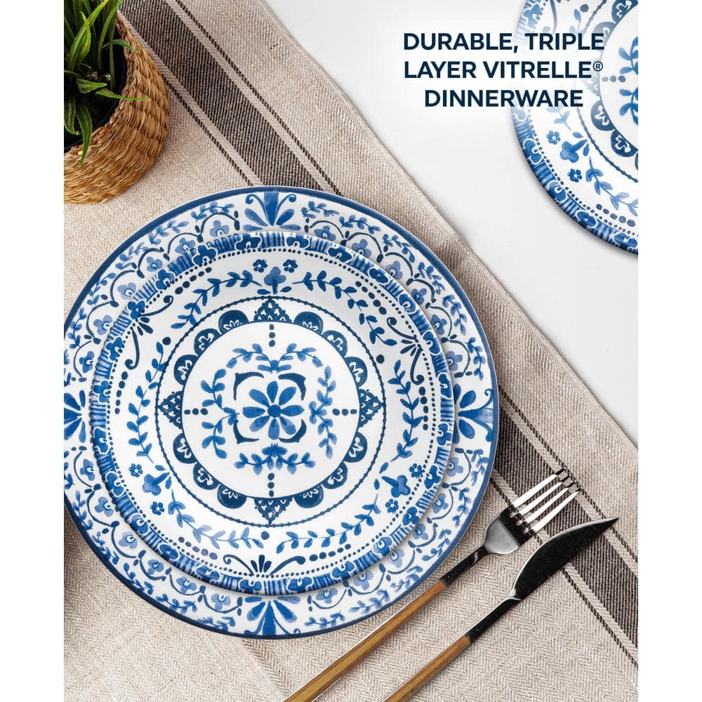 Portofino Blue Floral Vitrelle Glass Dinnerware Set, Service for 4