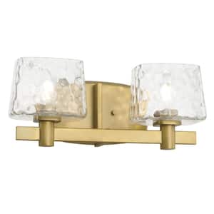 Drysdale 14.5 in. 2-Light Soft Brass Vanity Light with Clear Hammered Glass Shades