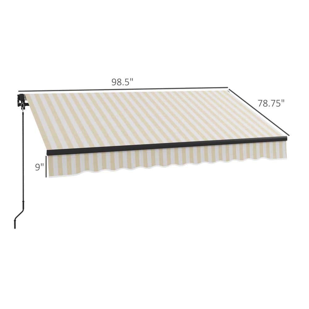 Beige and White Striped Polyester Retractable Patio Awning with Manual Crank