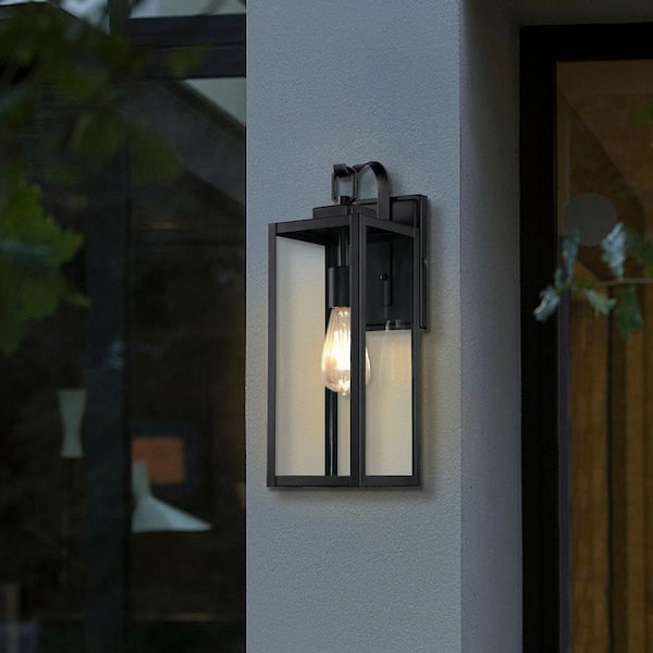 1-Light Matte Black Hardwired Outdoor Wall Lantern Sconce with Seeded Glass