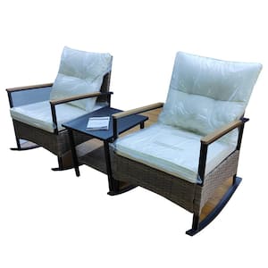 3-Piece Brown Wicker Outdoor Sofa Set Rattan Rocking Chair Set with Beige Cushion and Side Table for Patio Deck Backyard