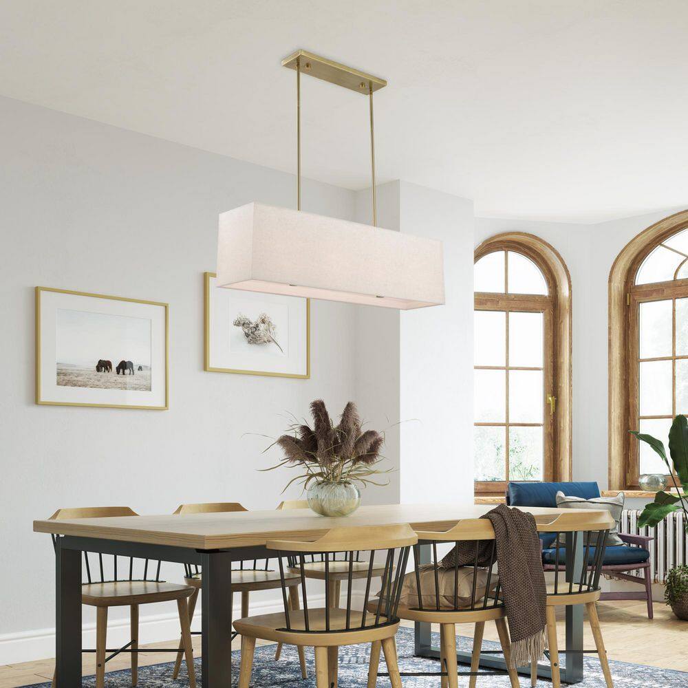 Antique Brass Linear Chandelier with Oatmeal Fabric Shade