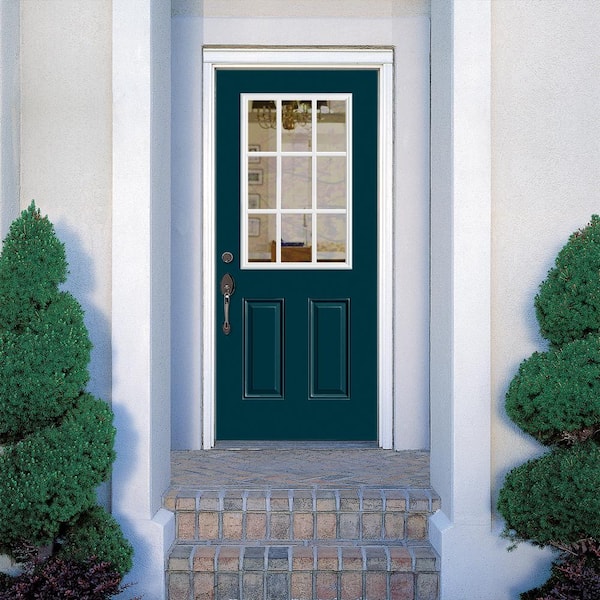 36 in. x 80 in. 9 Lite Left Hand Inswing Painted Steel Prehung Front Exterior Door with Brickmold