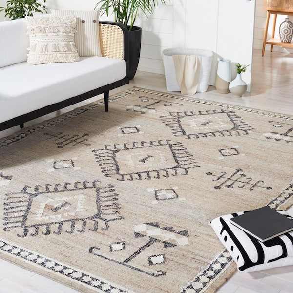 Kilim Grey/Black 8 ft. x 10 ft. Native American Border Area Rug