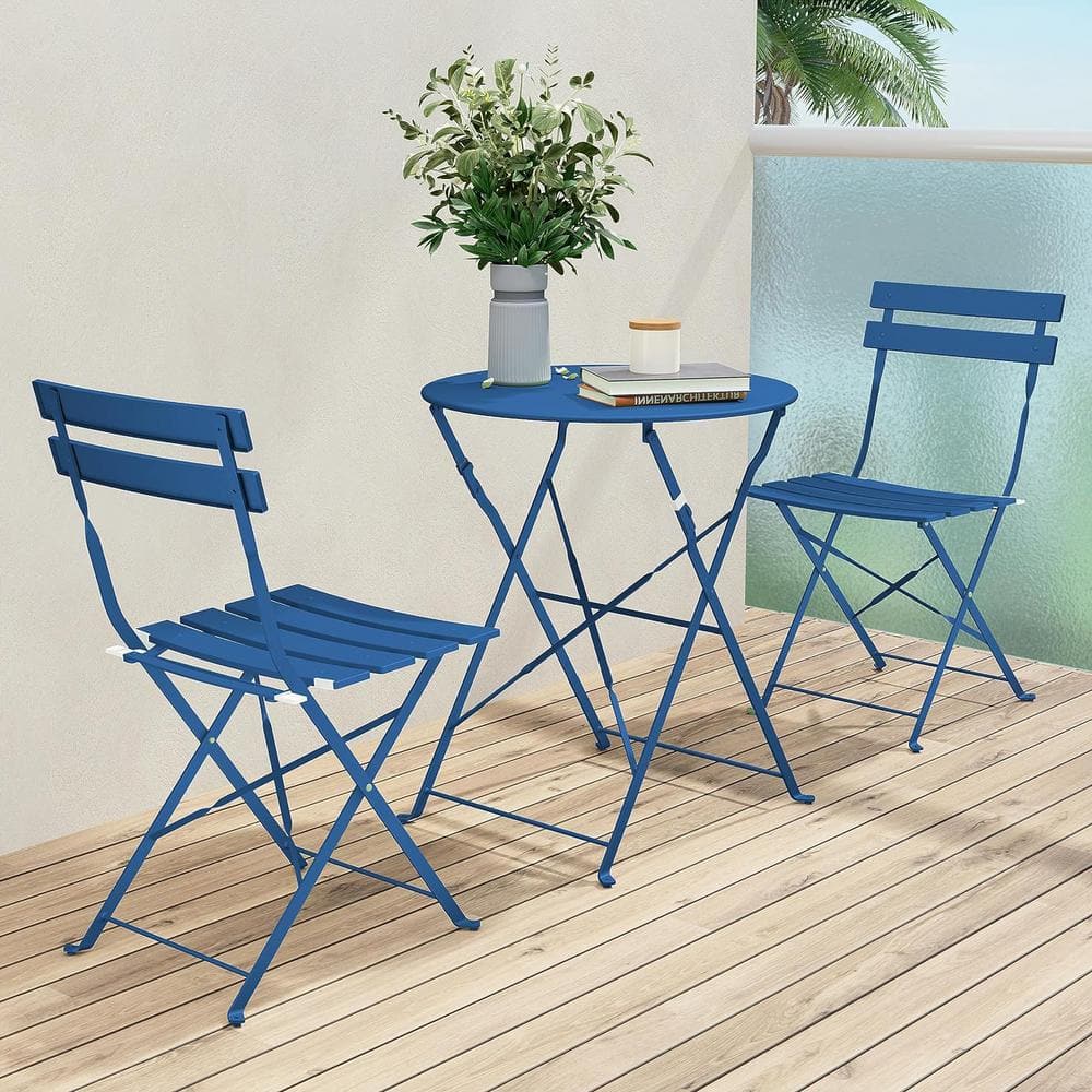 Peacock Blue 3-Piece Metal Folding Outdoor Folding Outdoor Bistro Set