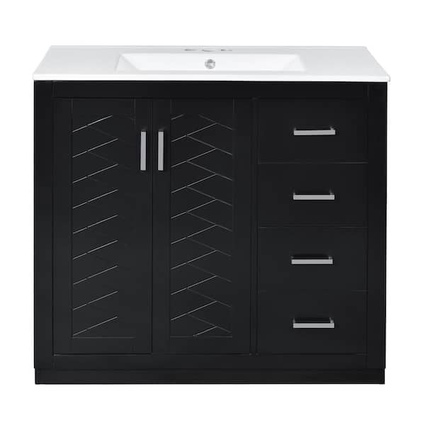 36 in. Black Wood Rectangle Vessel Sink Bathroom Vanity Combo with 3 Drawers and Soft Closing Doors