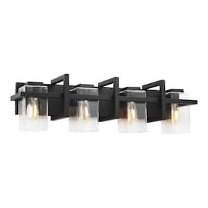Mitte 33 in. 4-Light Matte Black Industrial Transitional Bathroom Vanity Light with Clear Glass Shade Panels