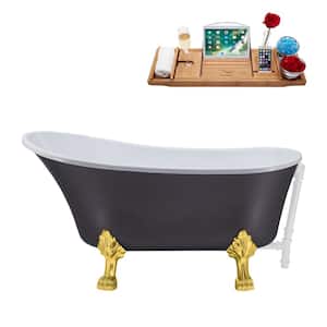 55 in. Acrylic Clawfoot Non-Whirlpool Bathtub in Matte Grey With Polished Gold Clawfeet And Glossy White Drain