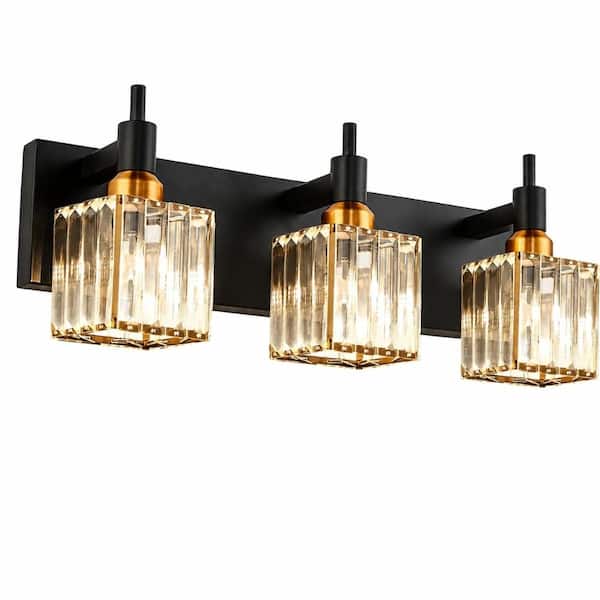 3-Light Black and Gold Crystal Indoor Bathroom Vanity Light, Special-Cut Crystal Shade, 19.7 x 7.9