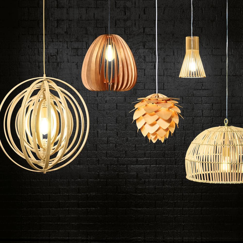 Large Natural Wood Globe Pendant Light with Dimmable LED
