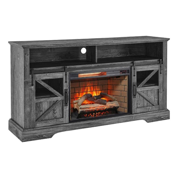 60 in. W Dark Rustic Oak Finish Freestanding Electric Fireplace TV Stand with Door Sensor