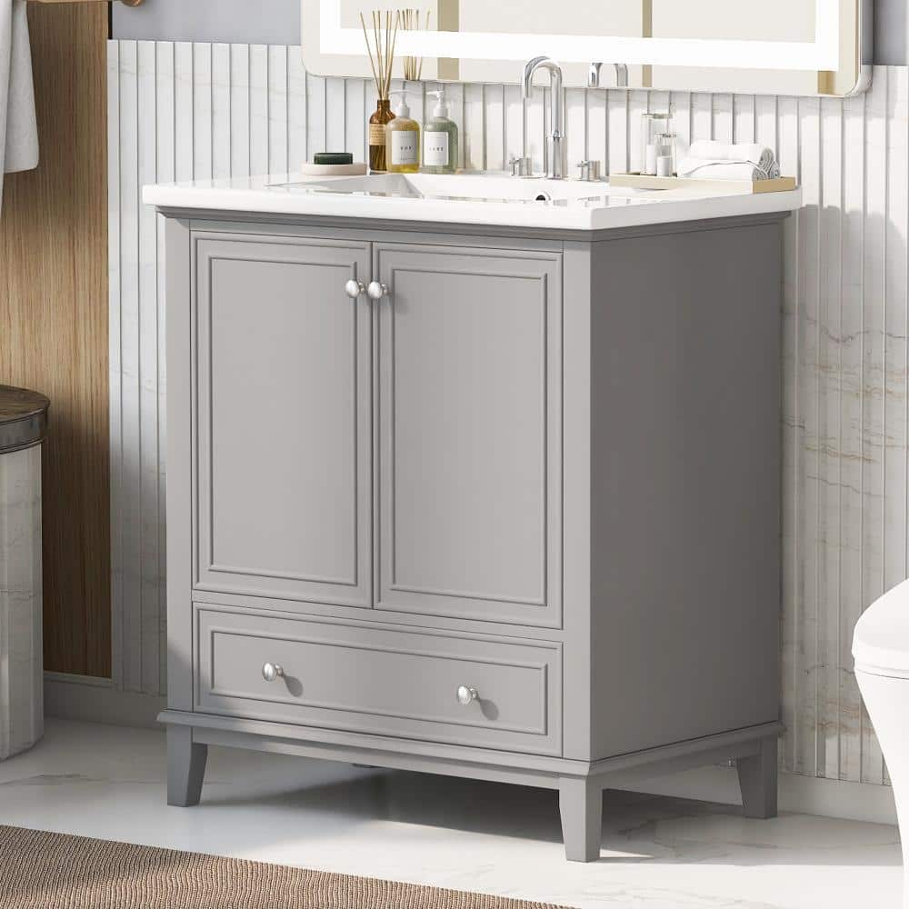 30 in.Single Sink Grey Freestanding Bathroom Vanity,White Ceramic Top,2 Soft-Close Doors,Drawer,Adjustable Shelf price history on PriceWatchPro